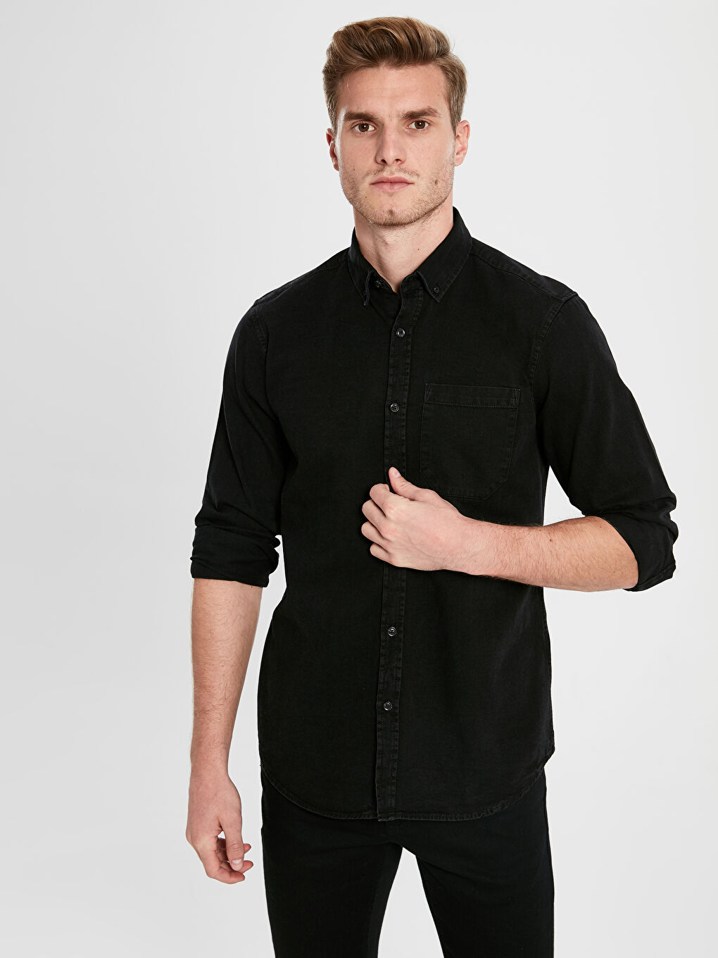 Siyah Regular Fit Uzun Kollu Erkek Jean Gömlek