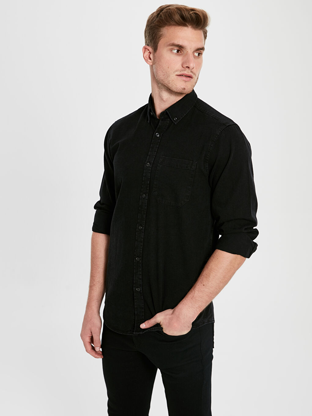 Siyah Regular Fit Uzun Kollu Erkek Jean Gömlek-1