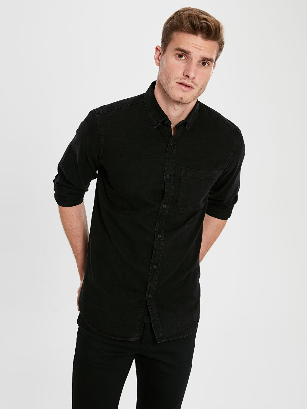 Siyah Regular Fit Uzun Kollu Erkek Jean Gömlek-2