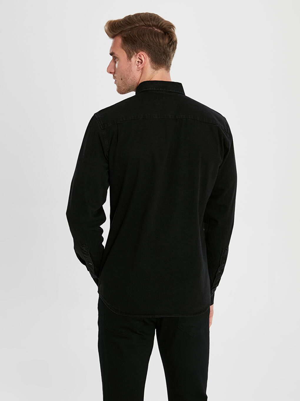 Siyah Regular Fit Uzun Kollu Erkek Jean Gömlek-3