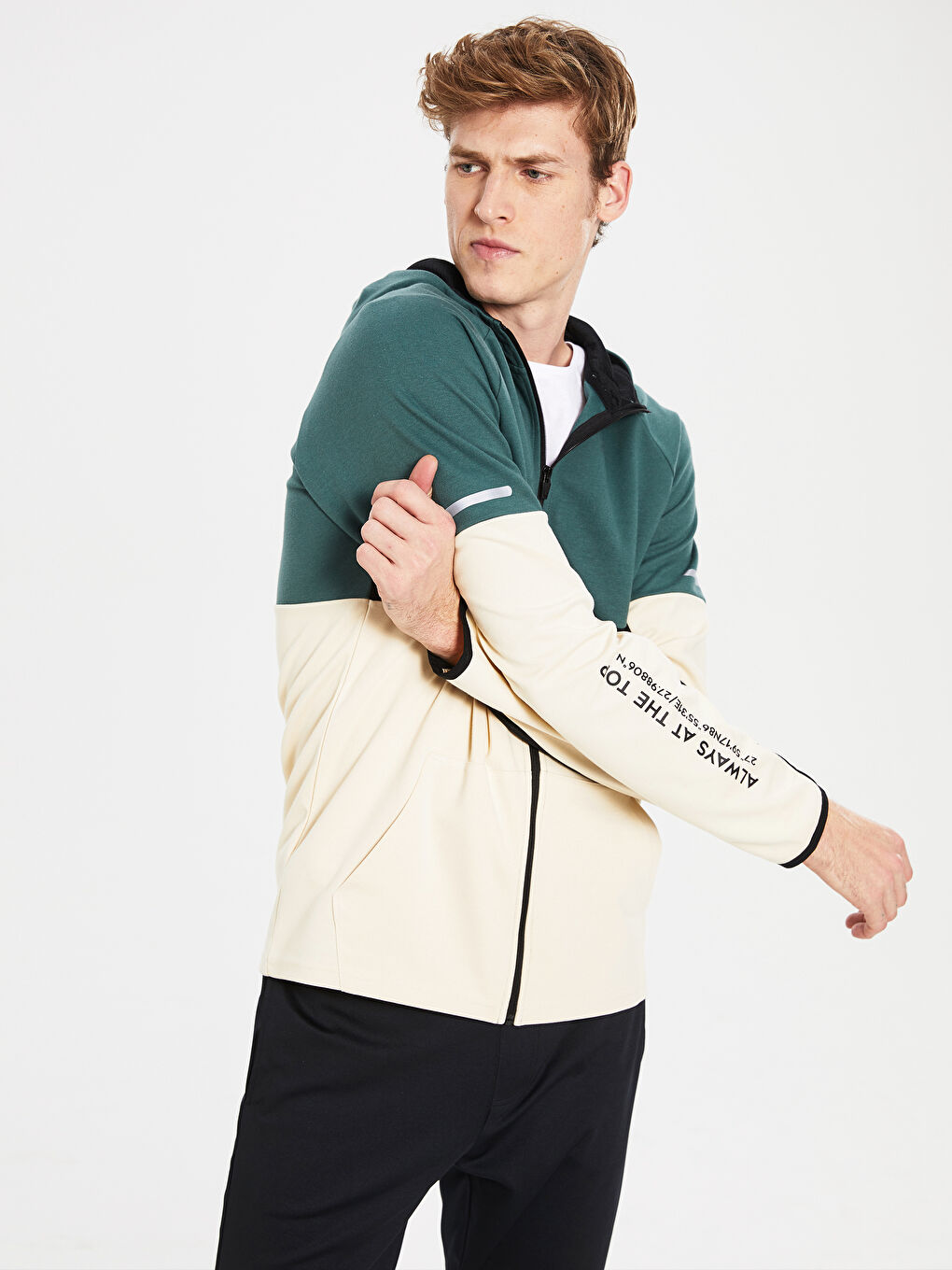 Bej Standart Kalıp Kapüşonlu Erkek Aktif Spor Hırka-1