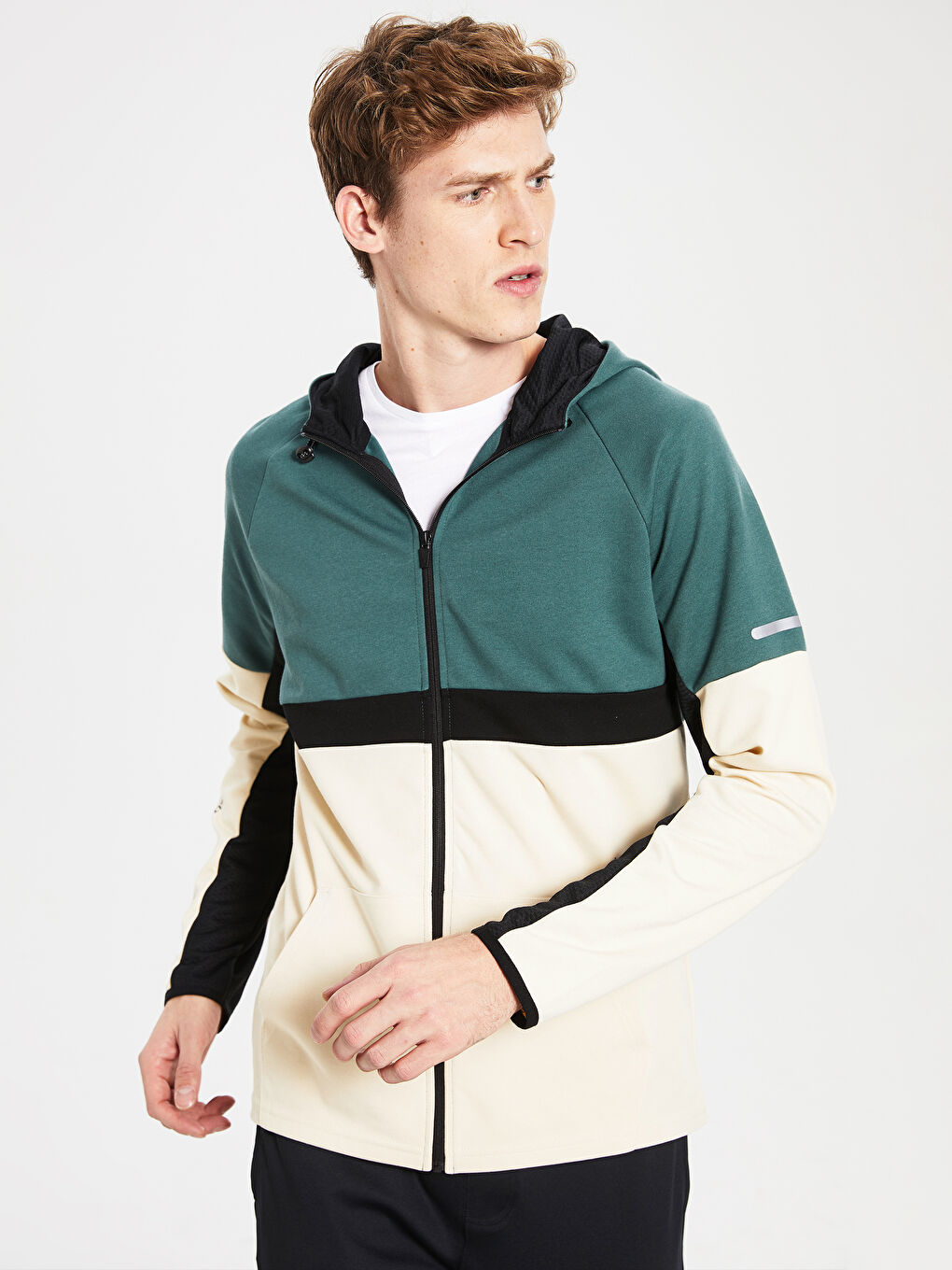 Bej Standart Kalıp Kapüşonlu Erkek Aktif Spor Hırka-2