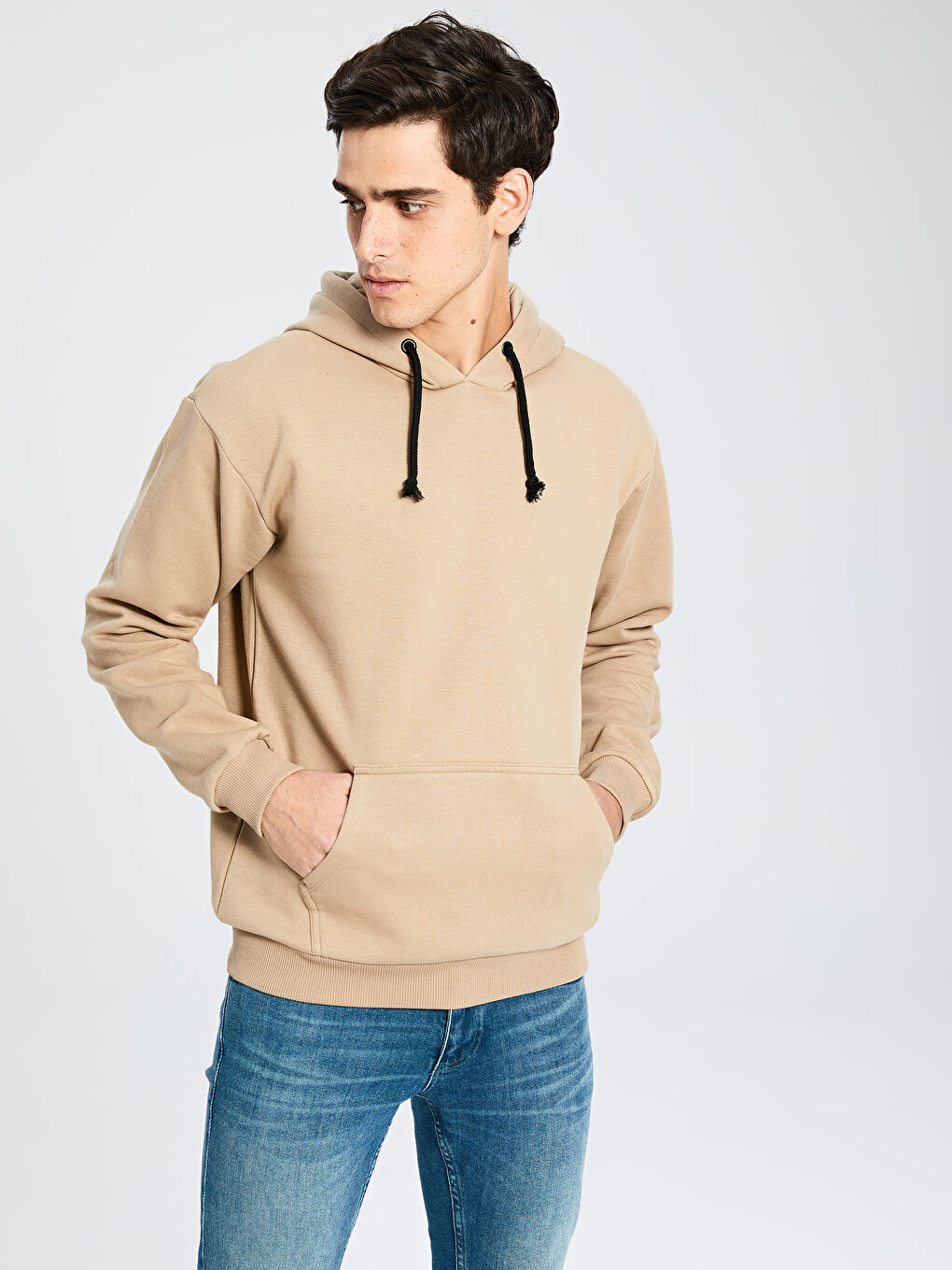 Bej Uzun Kollu Basic Erkek Hoodie