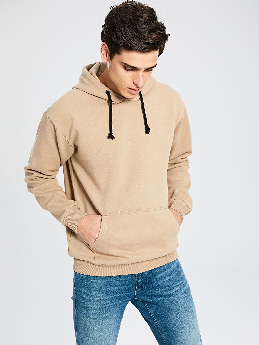 Bej Uzun Kollu Basic Erkek Hoodie-1
