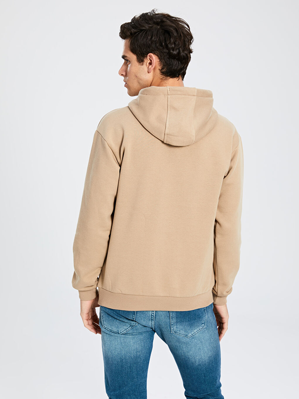 Bej Uzun Kollu Basic Erkek Hoodie-2