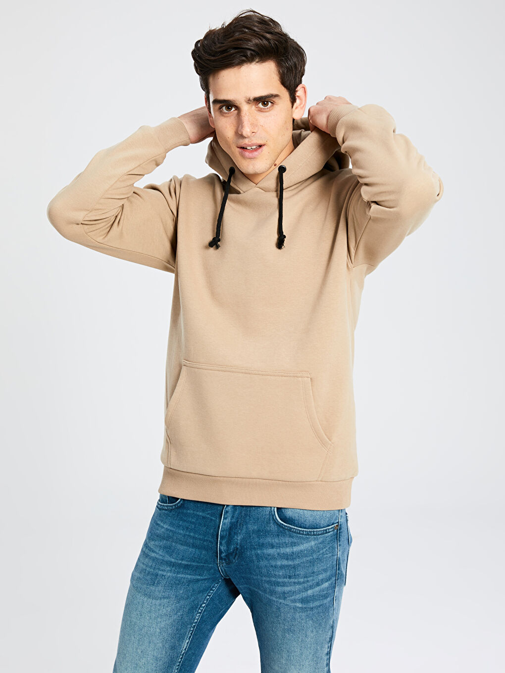 Bej Uzun Kollu Basic Erkek Hoodie-3