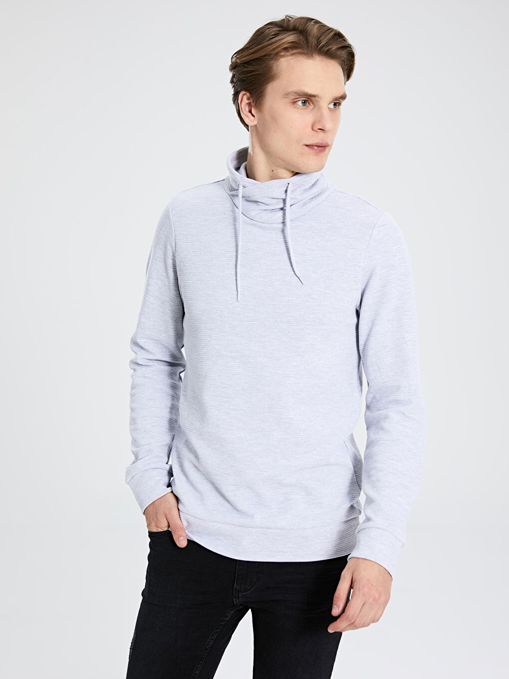 LCW Casual Gri Melanj Keşiş Yaka Uzun Kollu Erkek Sweatshirt - 2