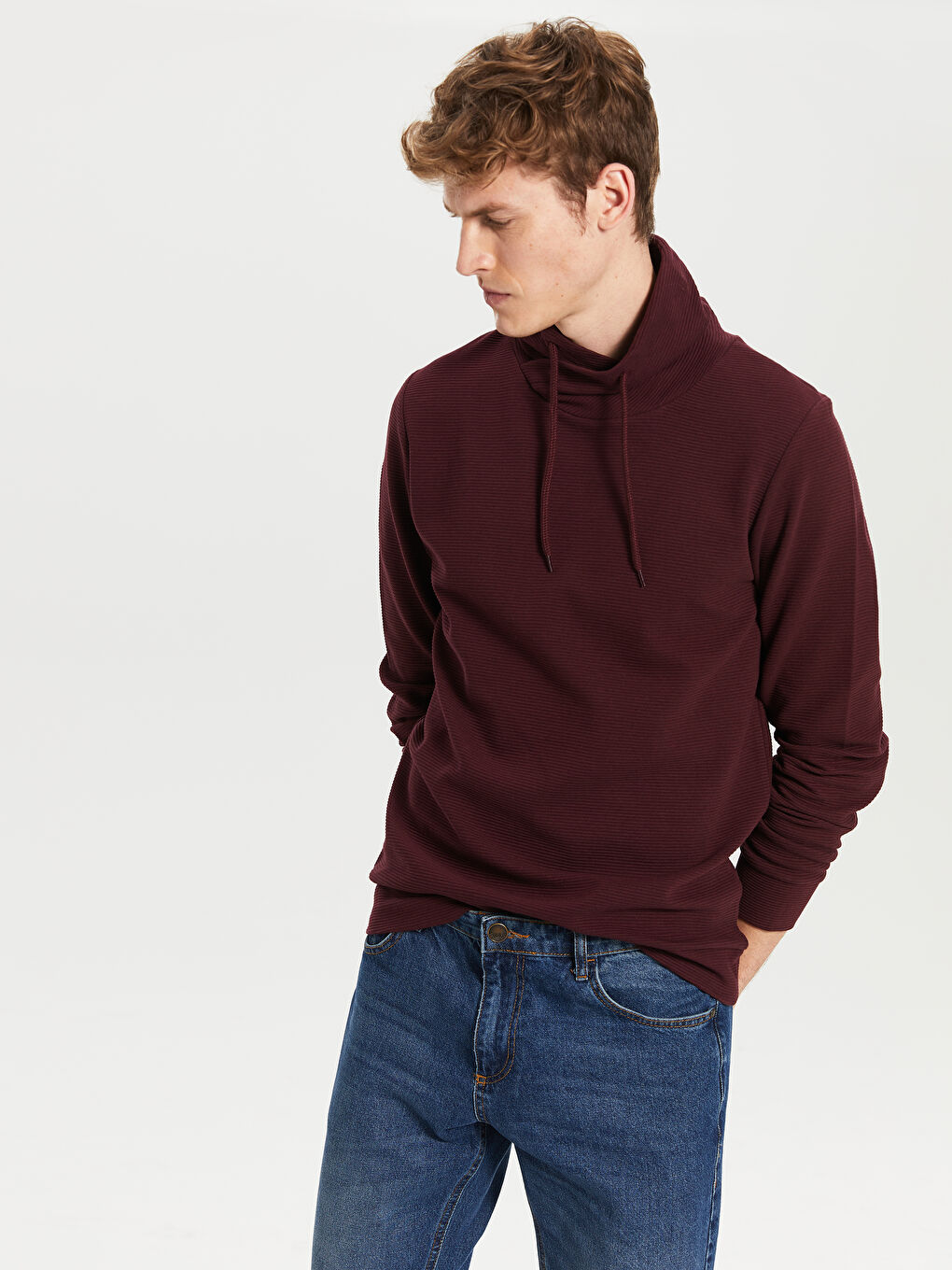 Bordo Keşiş Yaka Uzun Kollu Erkek Sweatshirt