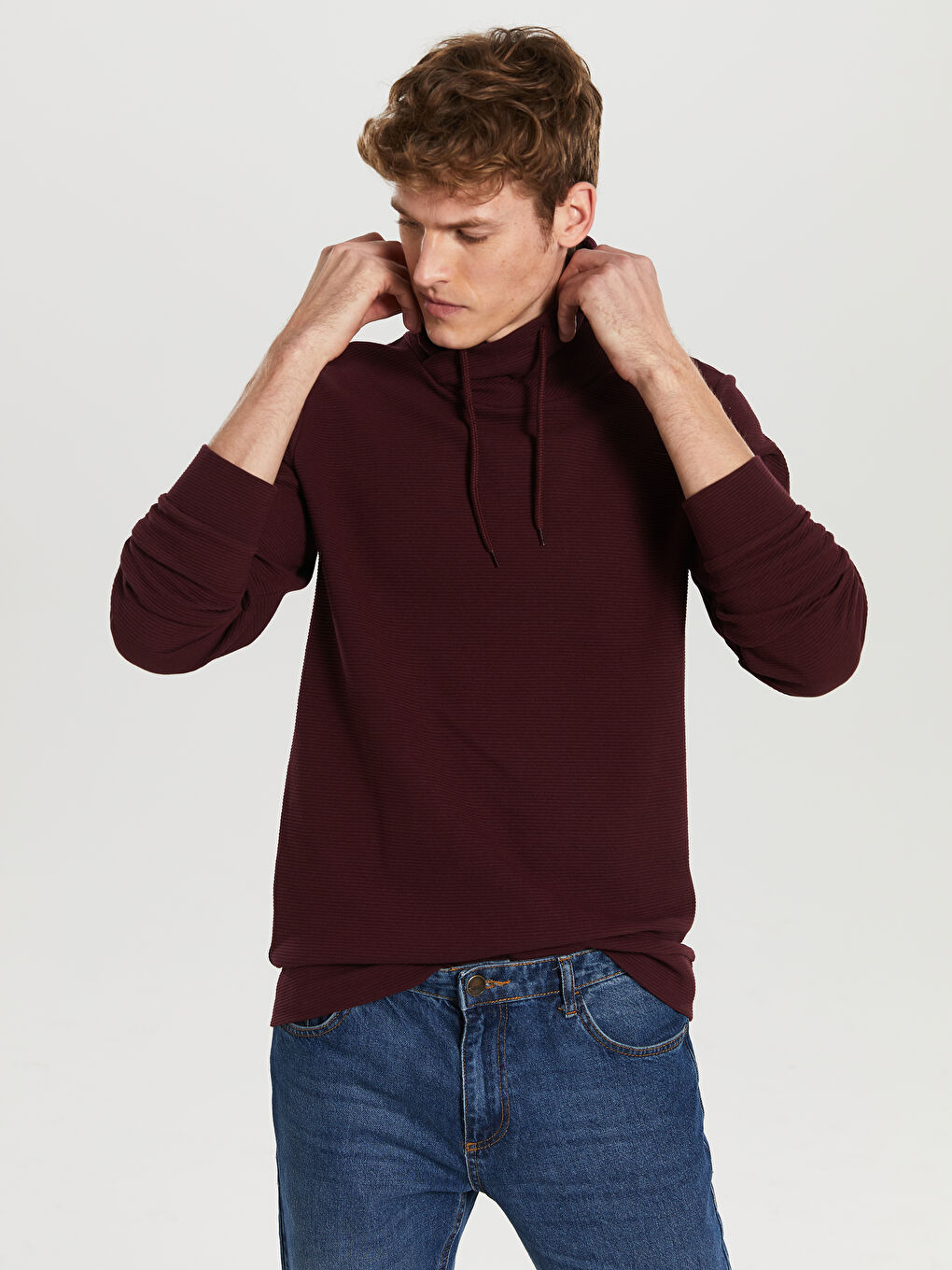 Bordo Keşiş Yaka Uzun Kollu Erkek Sweatshirt-1