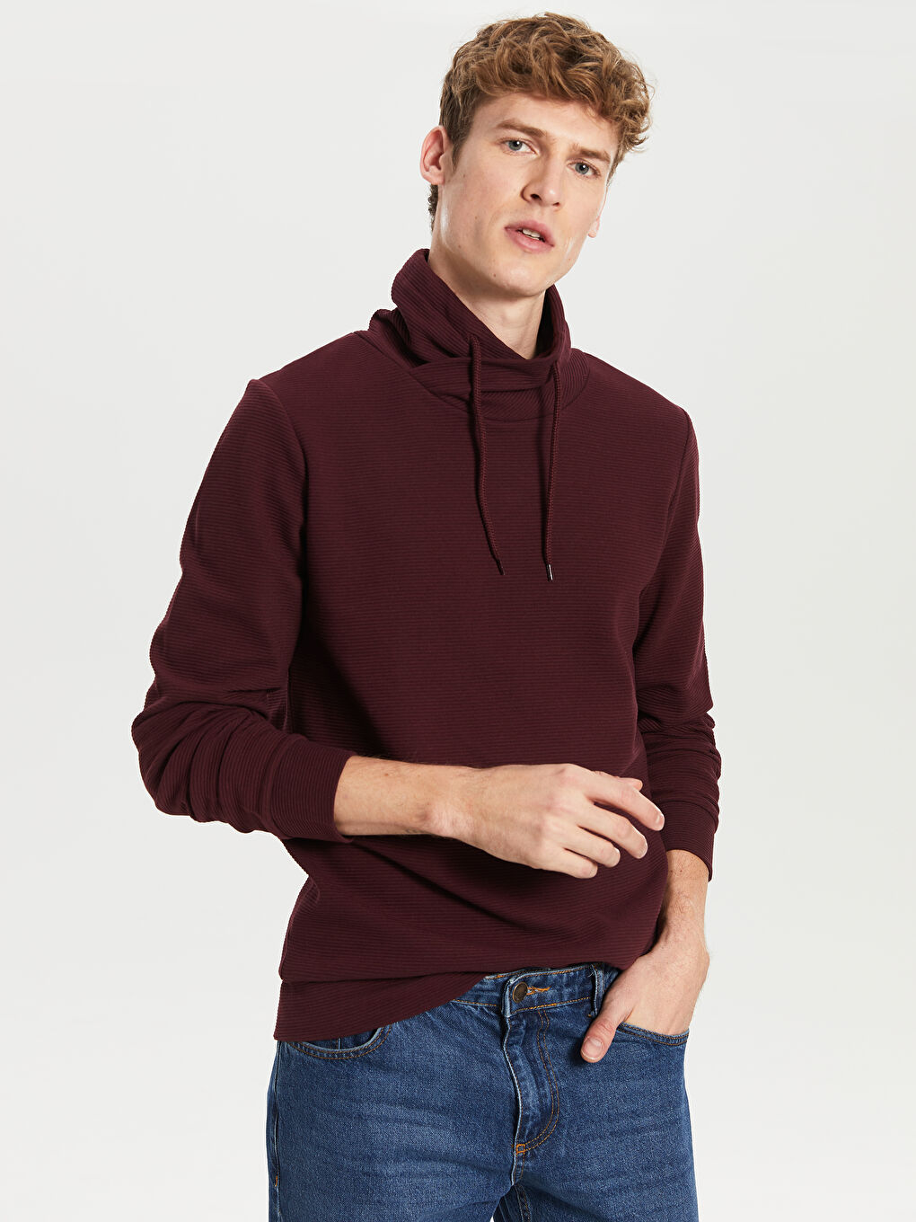 Bordo Keşiş Yaka Uzun Kollu Erkek Sweatshirt-2