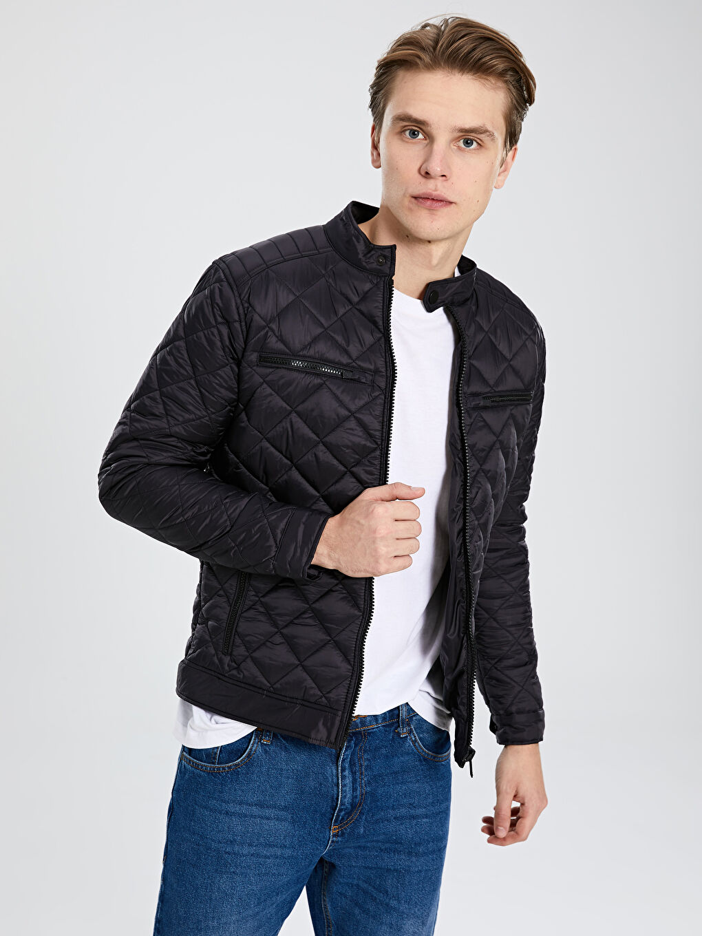 Siyah Standart Kalıp Biker Yaka İnce Erkek Mont-1