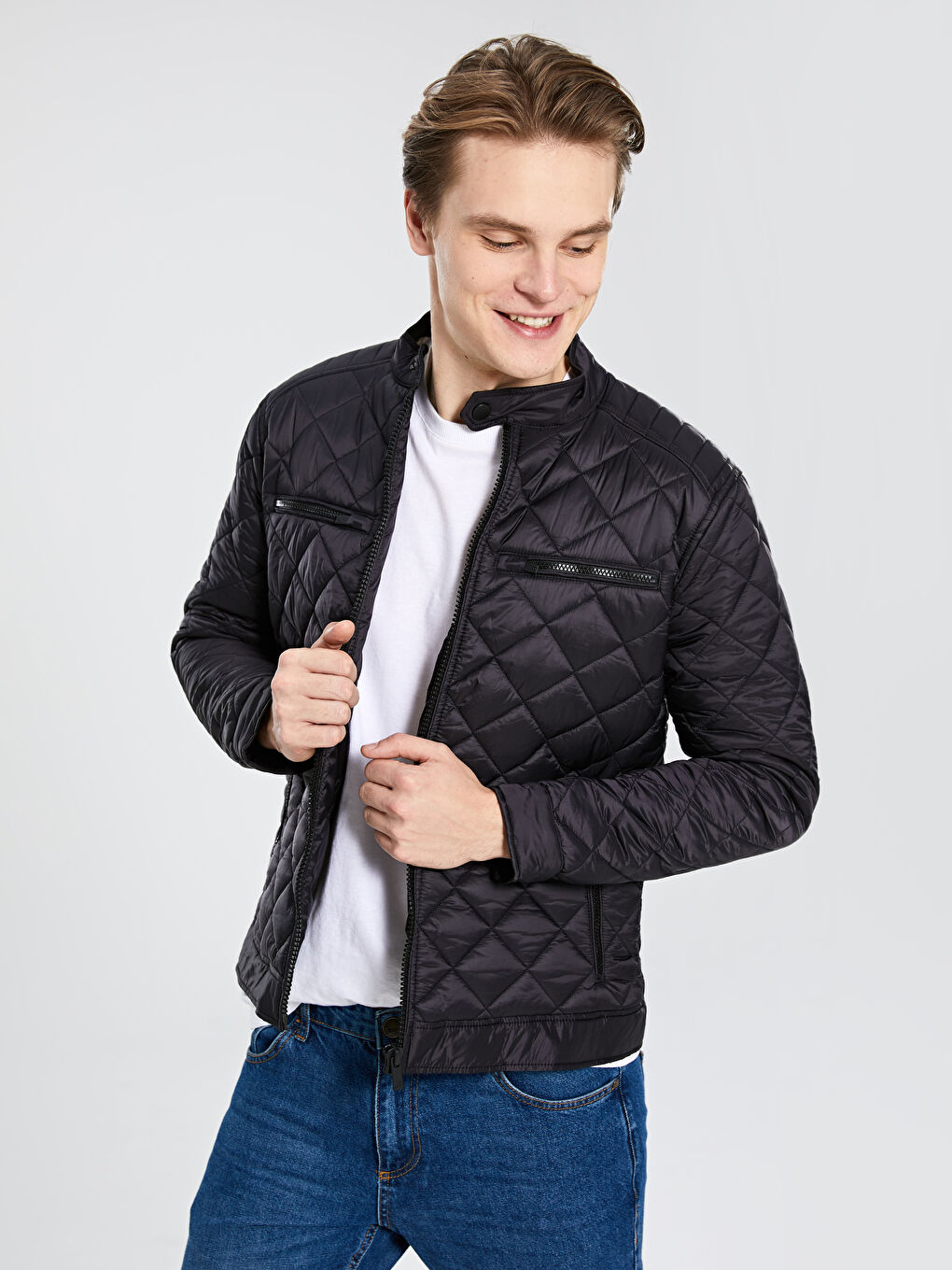 Siyah Standart Kalıp Biker Yaka İnce Erkek Mont-2