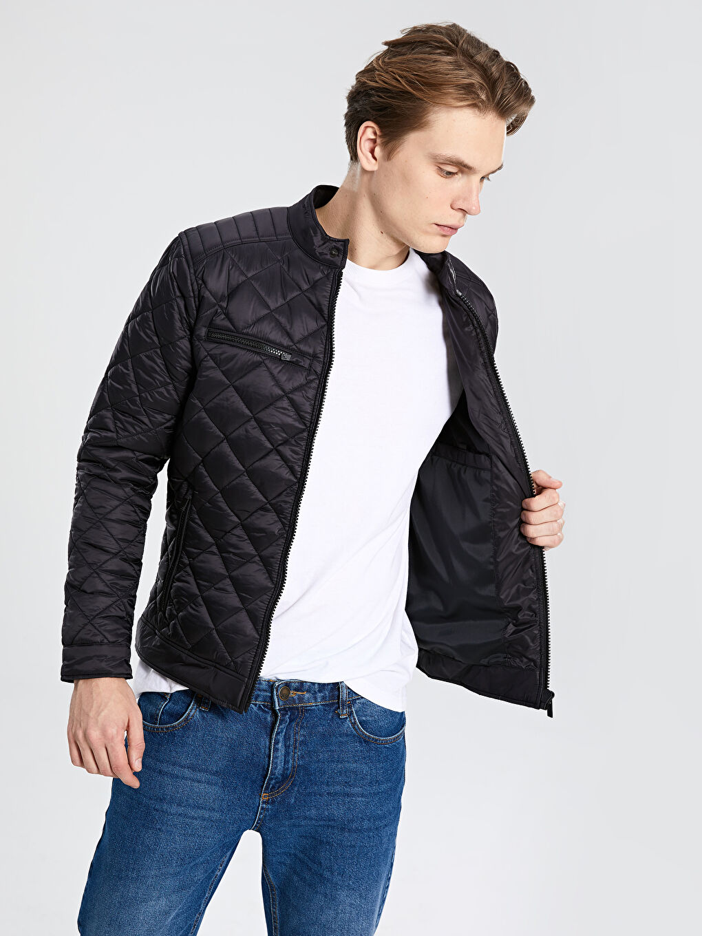 Siyah Standart Kalıp Biker Yaka İnce Erkek Mont-3