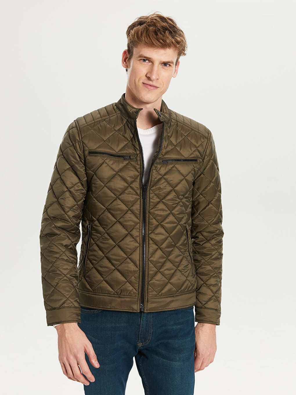 Haki Standart Kalıp Biker Yaka İnce Erkek Mont