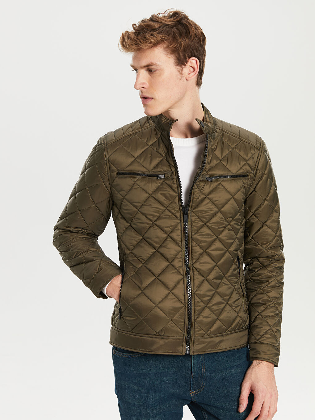 Haki Standart Kalıp Biker Yaka İnce Erkek Mont-1