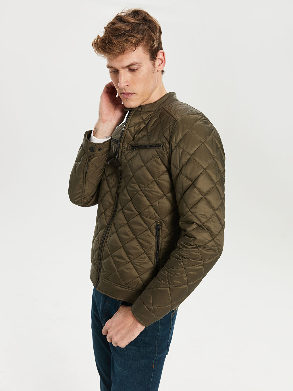 Haki Standart Kalıp Biker Yaka İnce Erkek Mont-2