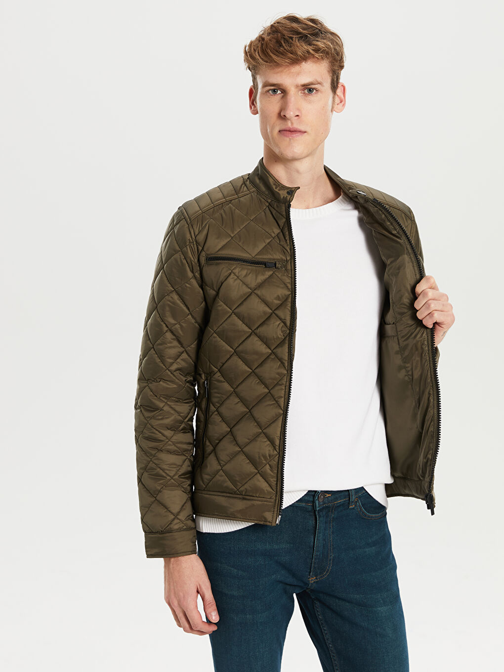 Haki Standart Kalıp Biker Yaka İnce Erkek Mont-3