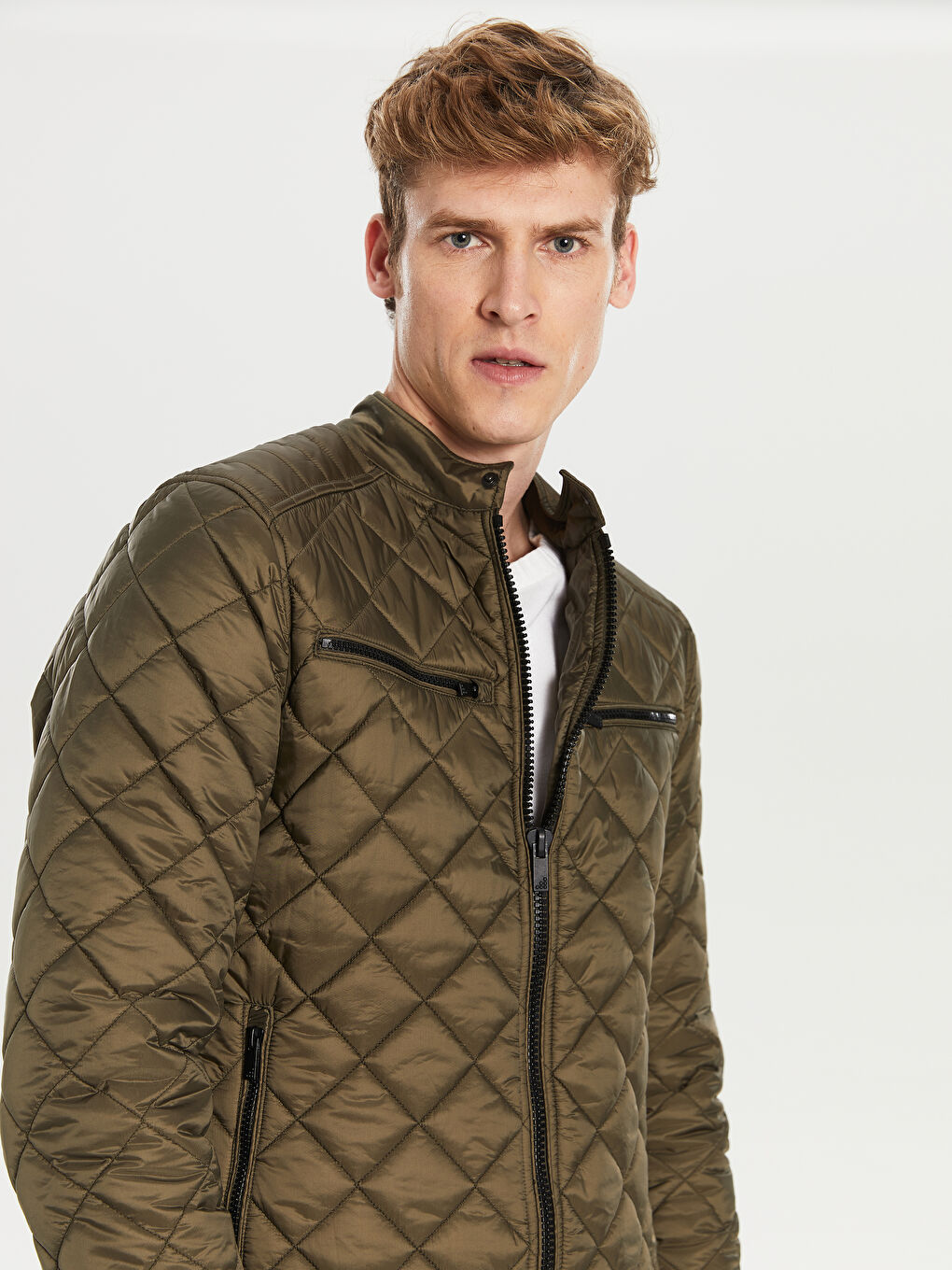 Haki Standart Kalıp Biker Yaka İnce Erkek Mont-4