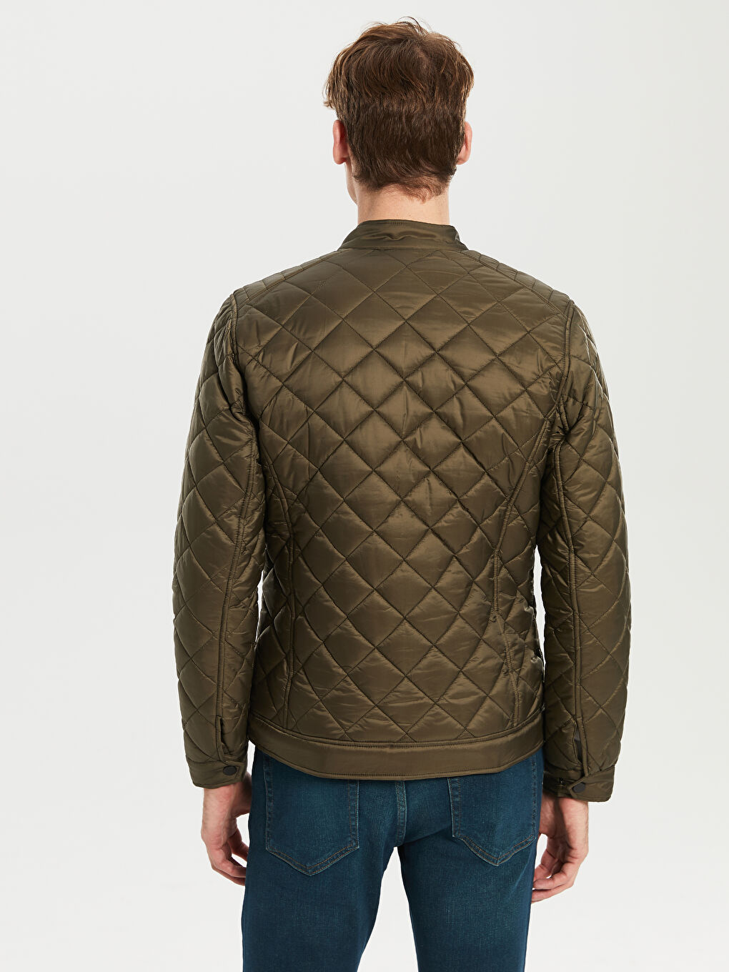 Haki Standart Kalıp Biker Yaka İnce Erkek Mont-5