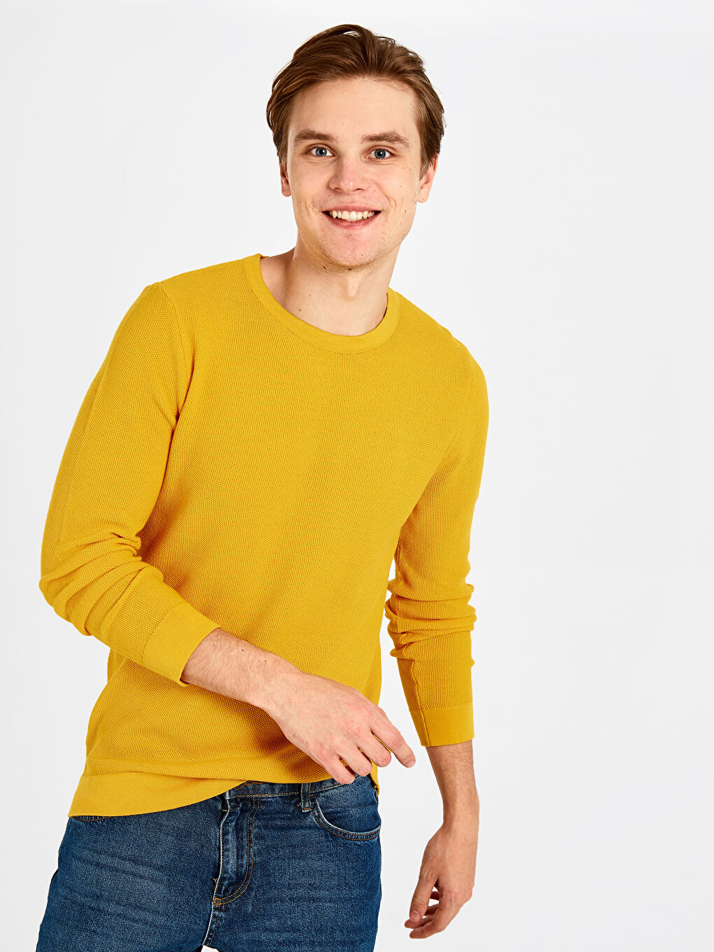 Sarı Bisiklet Yaka Uzun Kollu İnce Erkek Triko Kazak