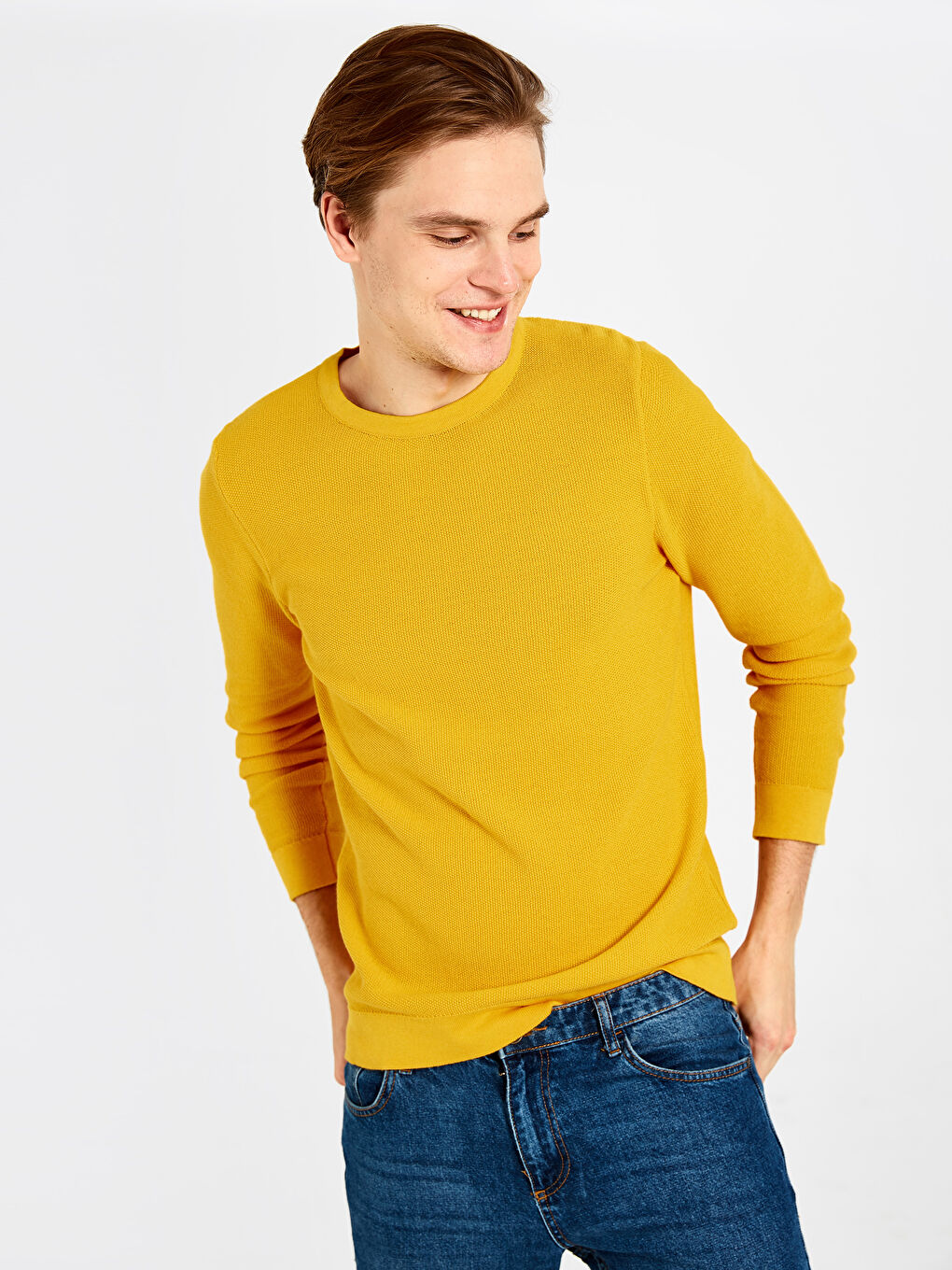 Sarı Bisiklet Yaka Uzun Kollu İnce Erkek Triko Kazak-1