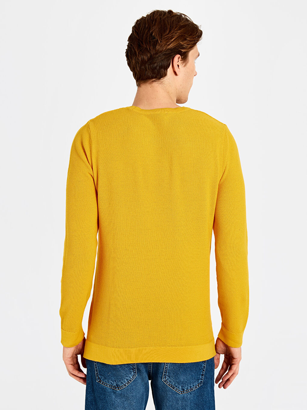 Sarı Bisiklet Yaka Uzun Kollu İnce Erkek Triko Kazak-2