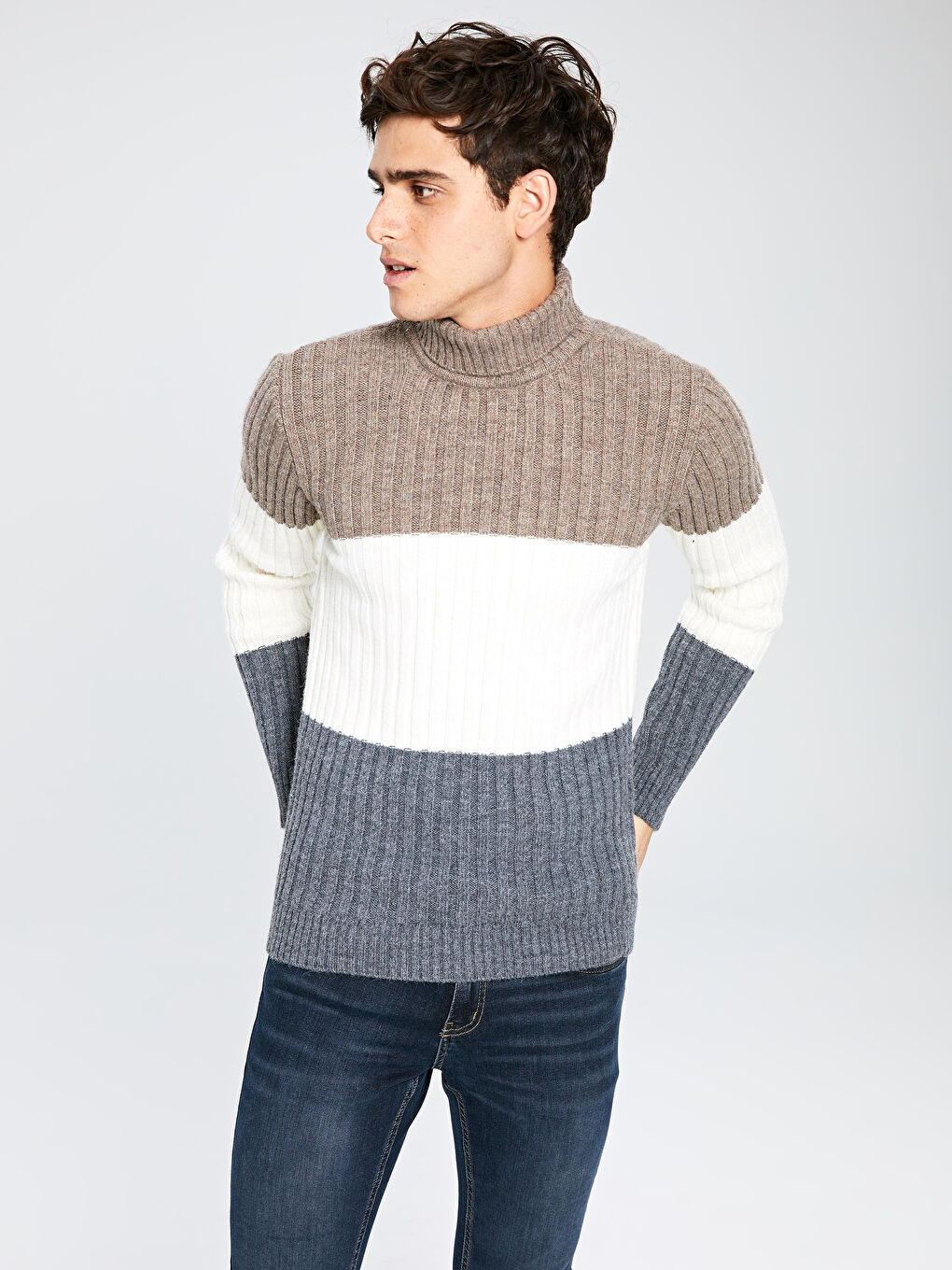 Kahverengi Balıkçı Yaka Erkek Triko Kazak-1