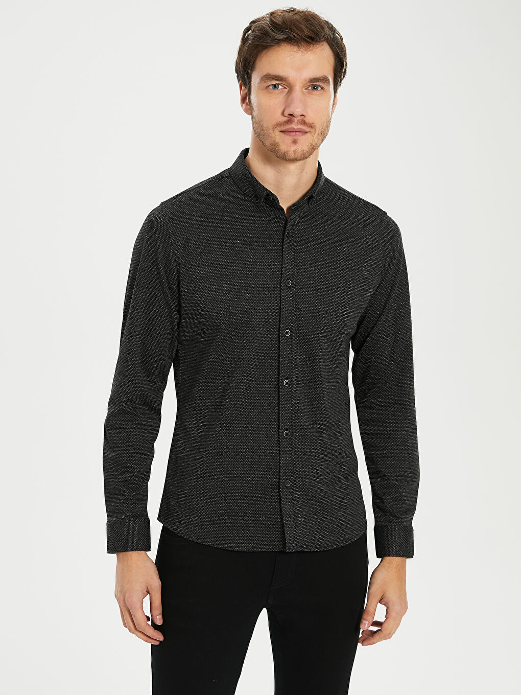 Antrasit Slim Fit Uzun Kollu Erkek Gömlek-1