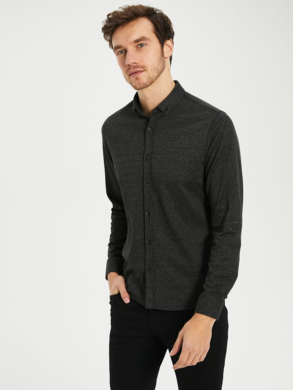 Antrasit Slim Fit Uzun Kollu Erkek Gömlek-2