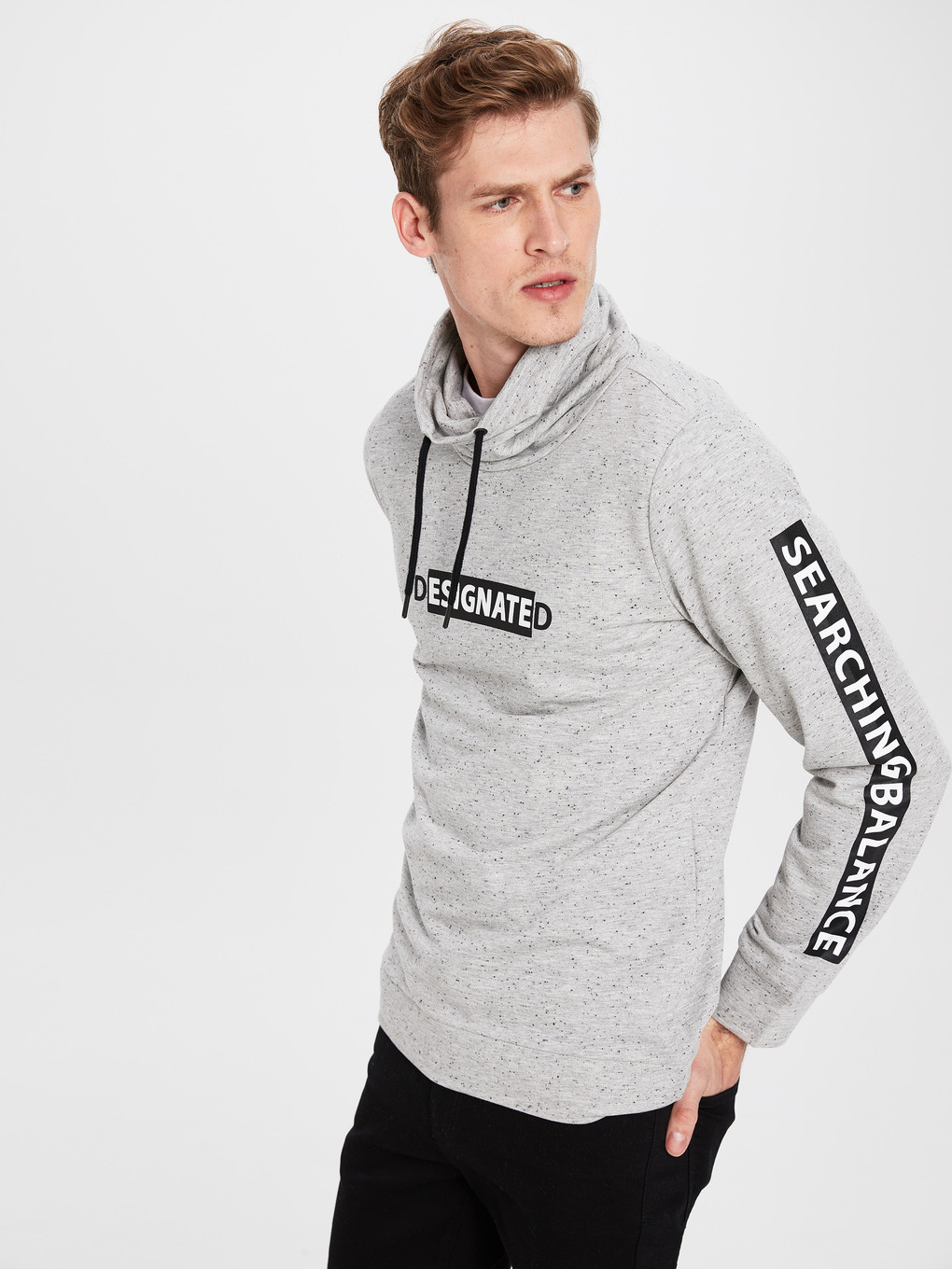 Gri Keşiş Yaka Baskılı Uzun Kollu Sweatshirt-1