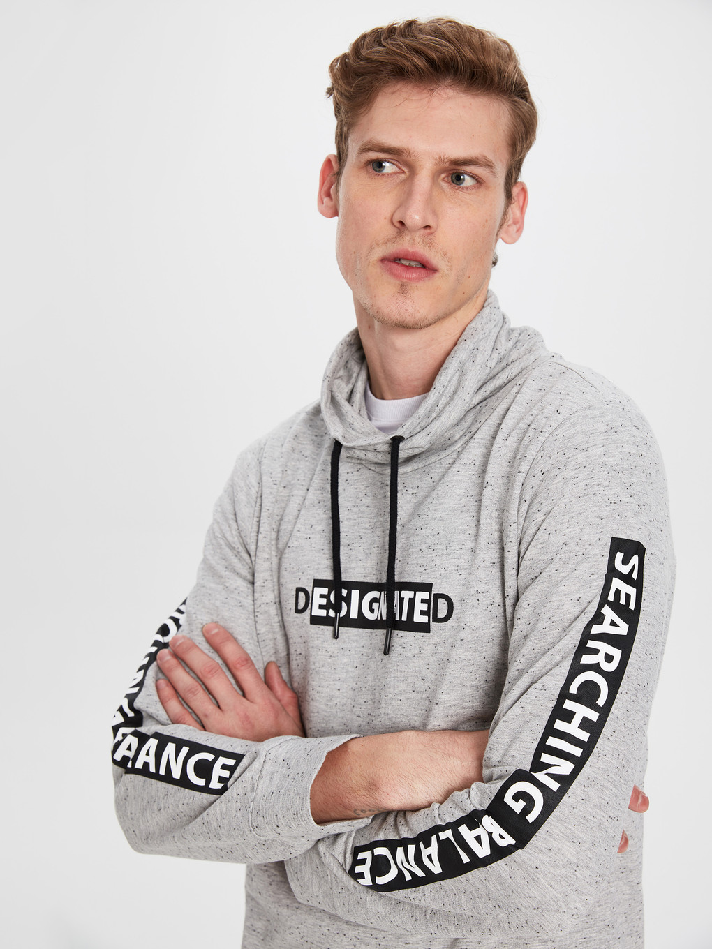 Gri Keşiş Yaka Baskılı Uzun Kollu Sweatshirt-2