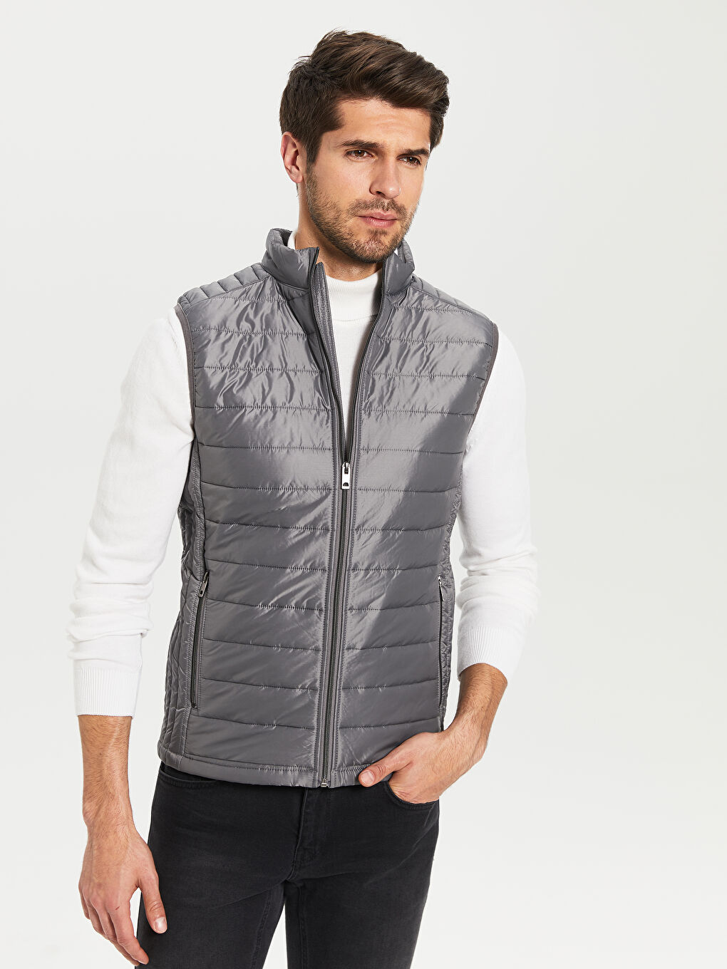 Gri Slim Fit Dik Yaka Erkek Şişme Yelek