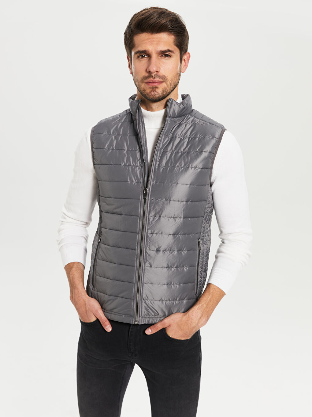 Gri Slim Fit Dik Yaka Erkek Şişme Yelek-1
