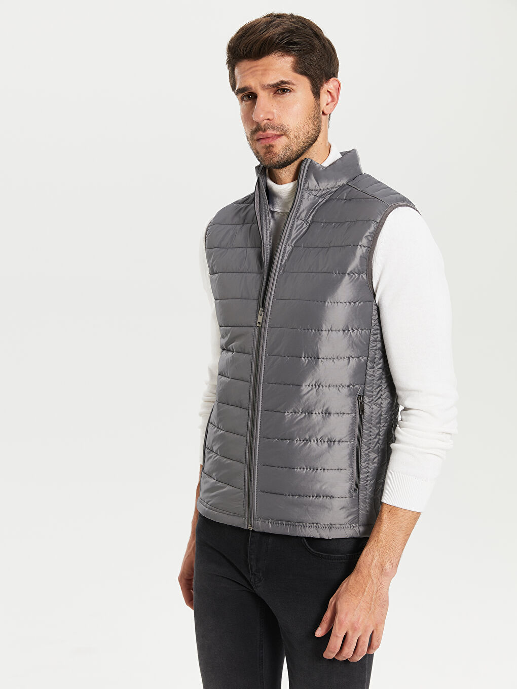 Gri Slim Fit Dik Yaka Erkek Şişme Yelek-2