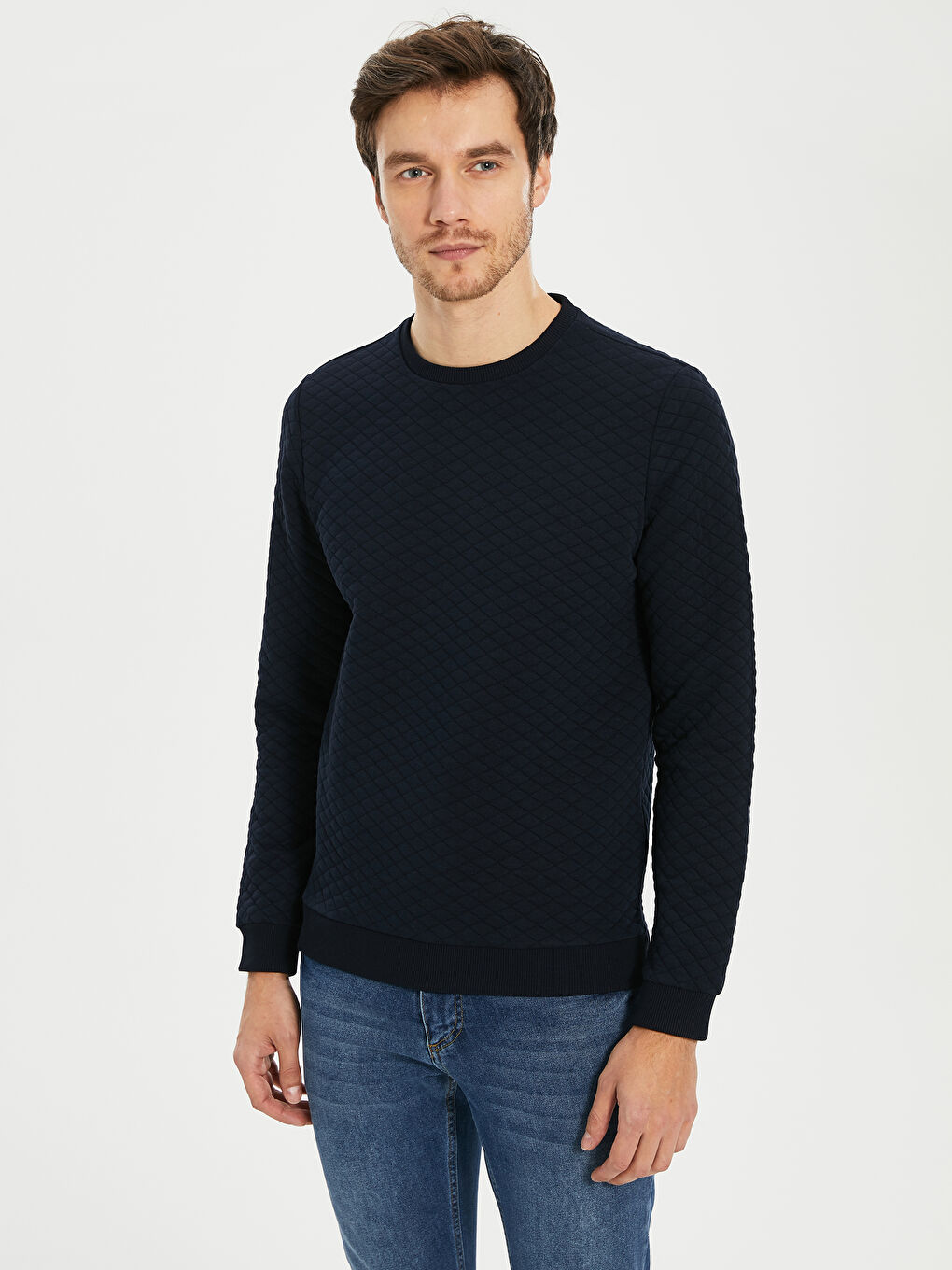 Lacivert Bisiklet Yaka Kapitone Uzun Kollu Tişört-1