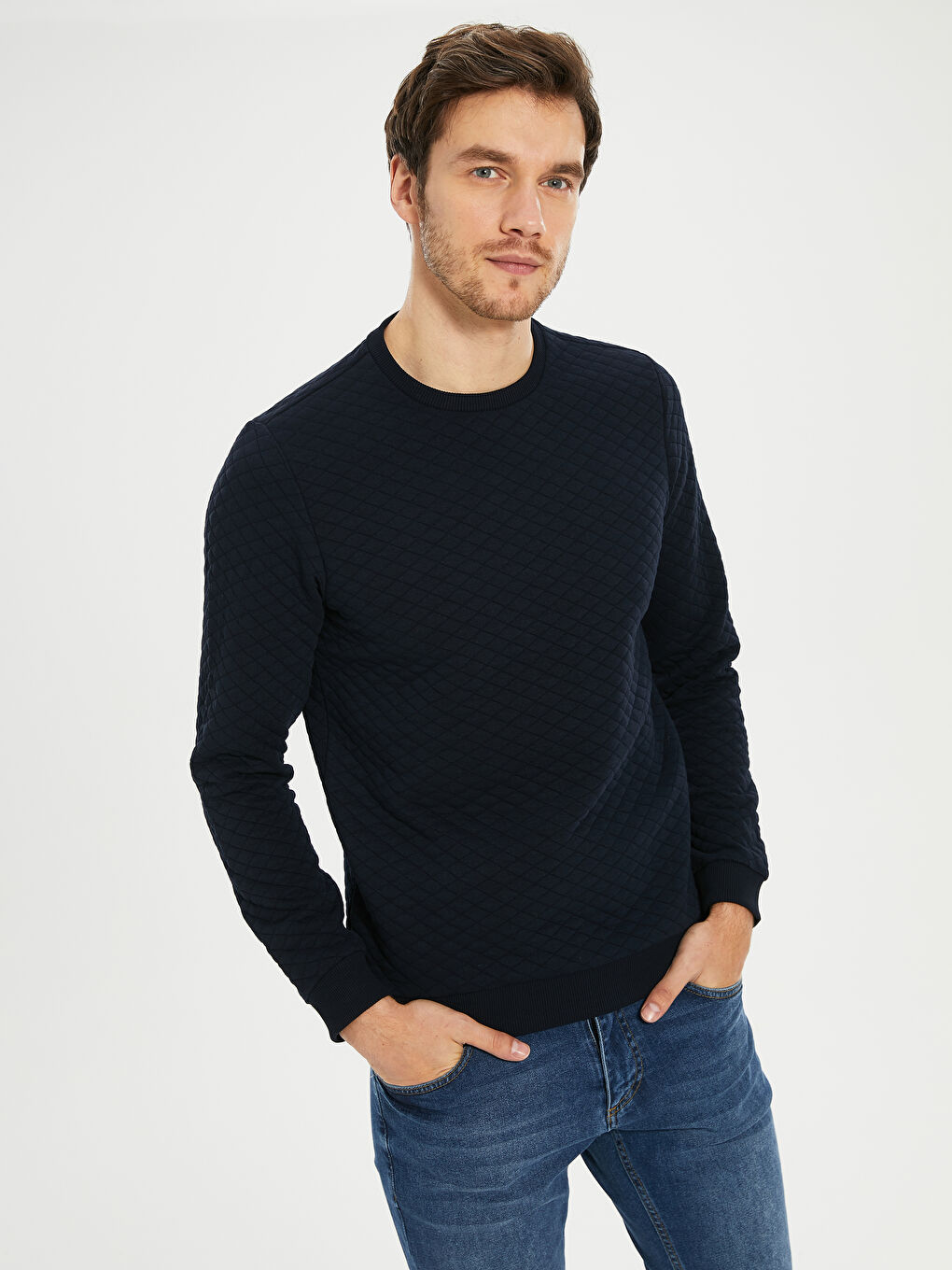 Lacivert Bisiklet Yaka Kapitone Uzun Kollu Tişört-2