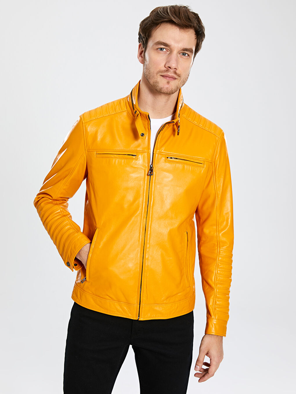 Sarı Dik Yaka Erkek Deri Mont