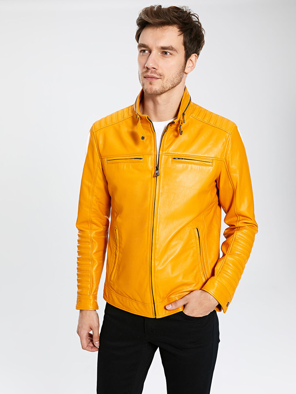 Sarı Dik Yaka Erkek Deri Mont-1