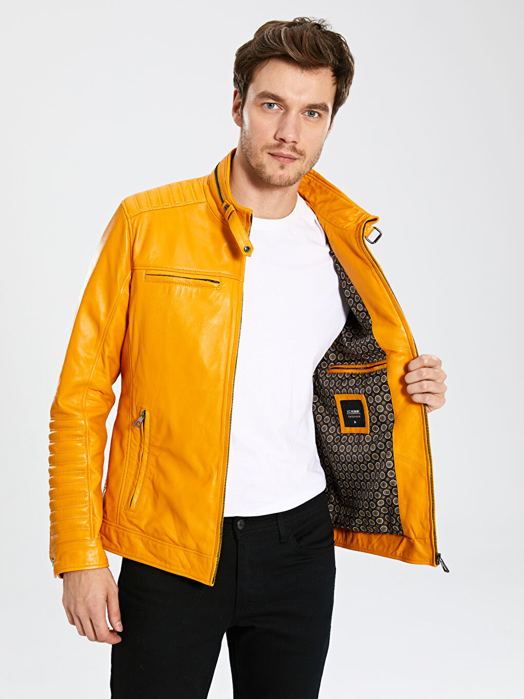 Sarı Dik Yaka Erkek Deri Mont-2