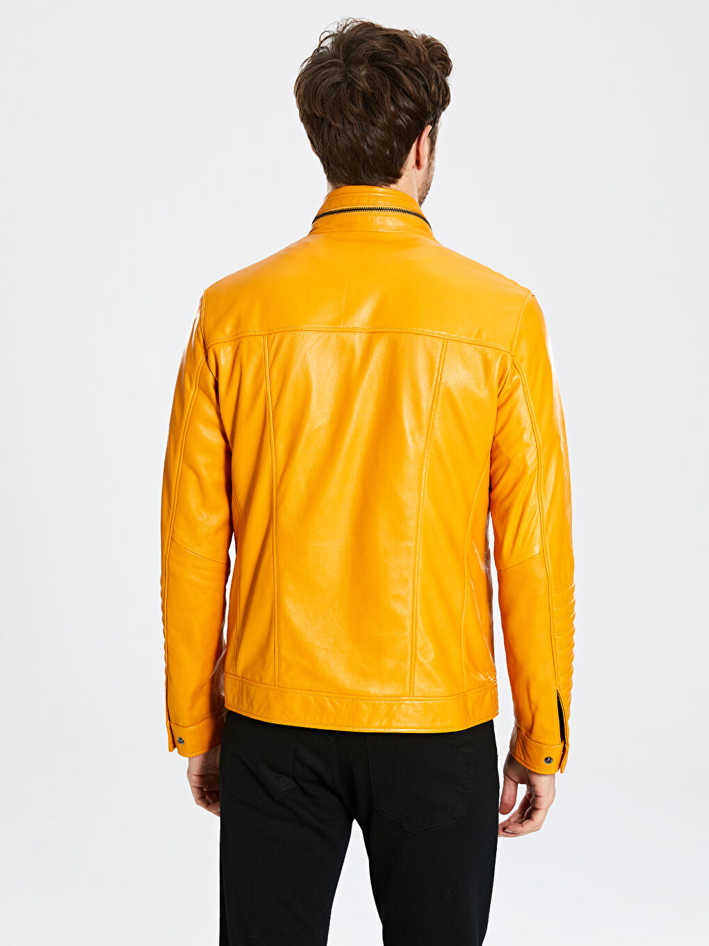 Sarı Dik Yaka Erkek Deri Mont-4