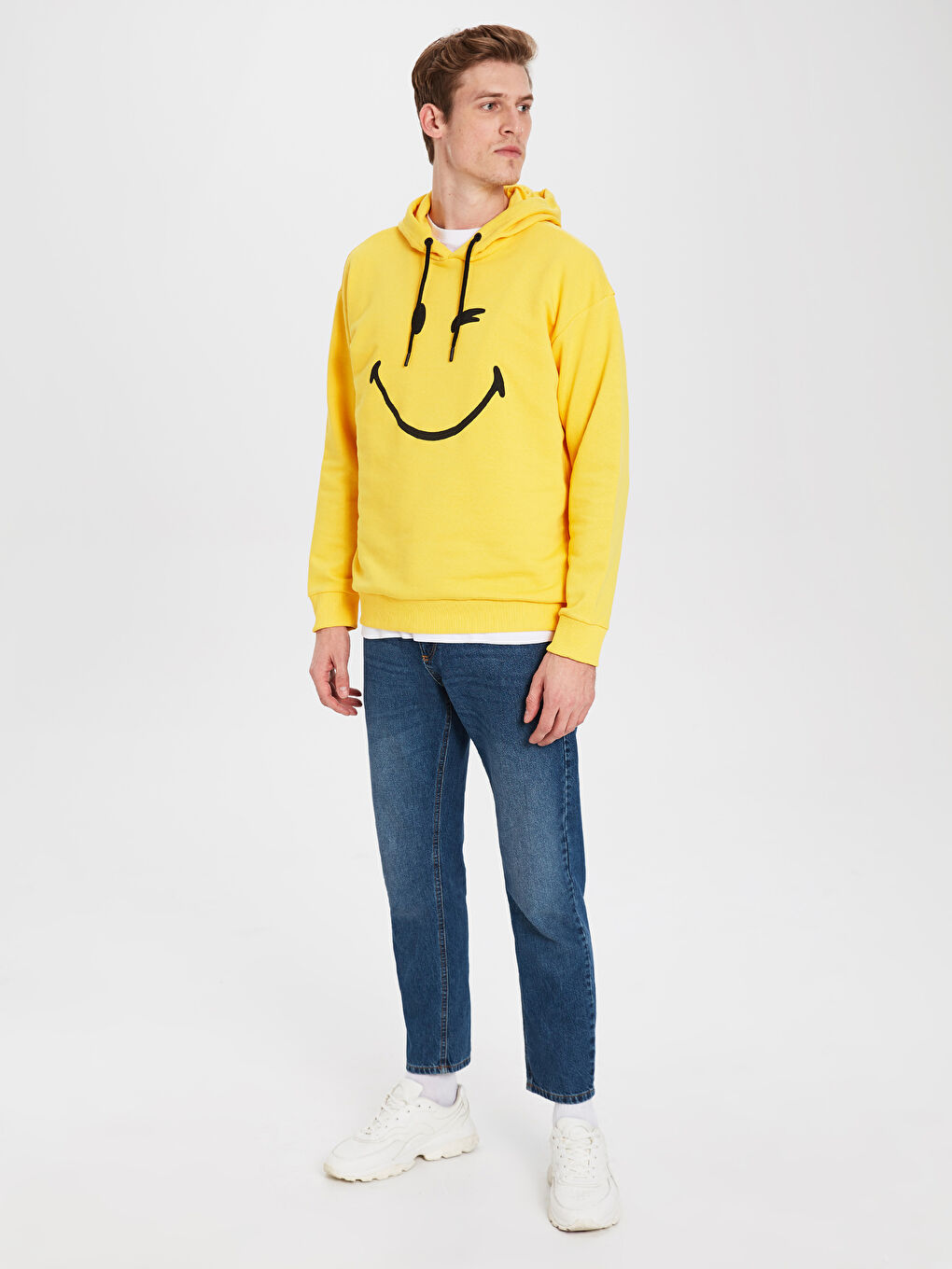 Sarı Uzun Kollu SmileyWorld Baskılı Erkek Hoodie