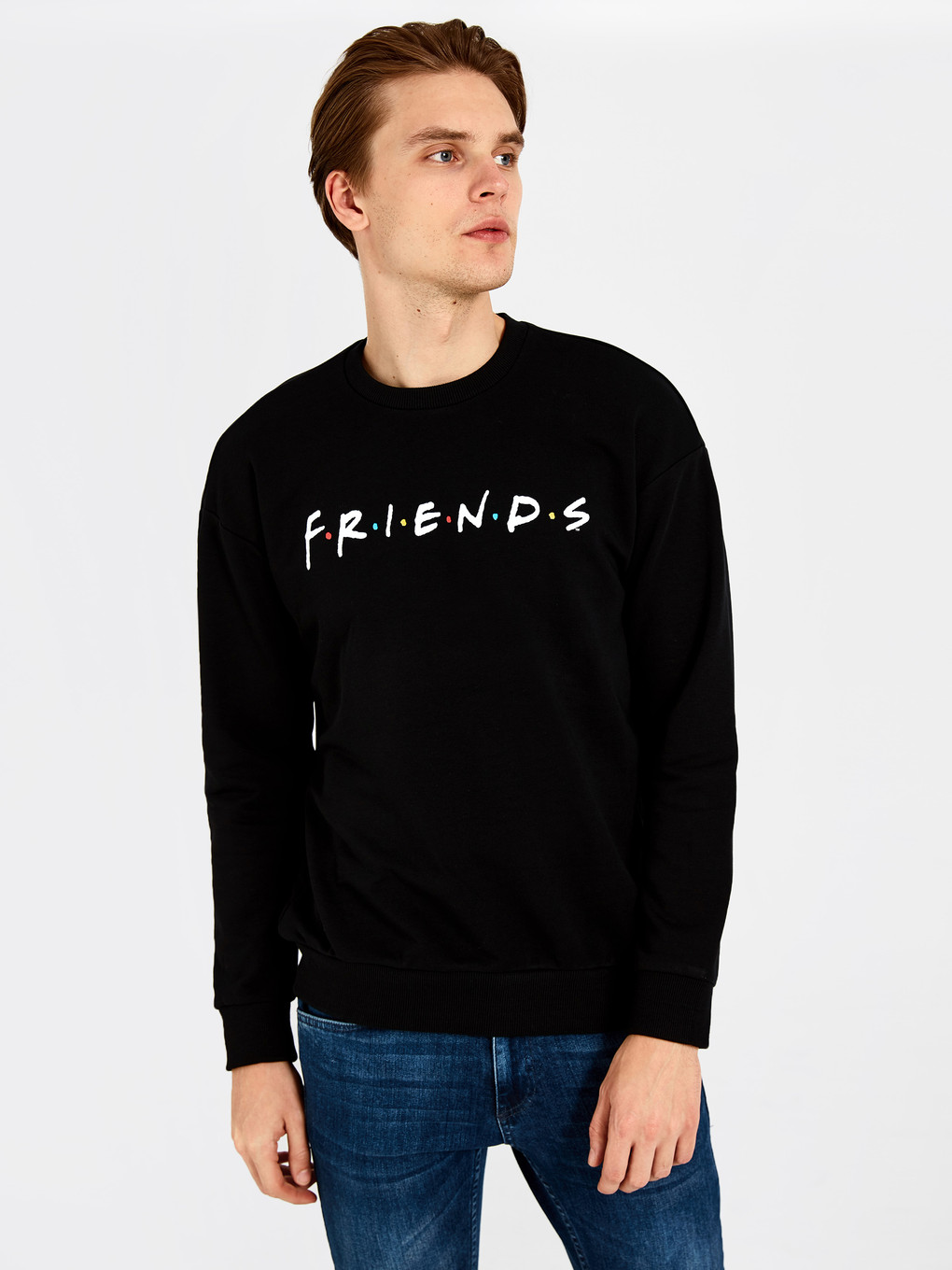 Siyah Bisiklet Yaka Uzun Kollu Friends Baskılı Erkek Sweatshirt