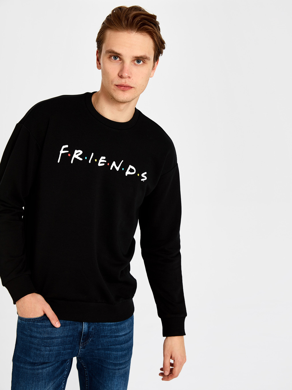 Siyah Bisiklet Yaka Uzun Kollu Friends Baskılı Erkek Sweatshirt-1