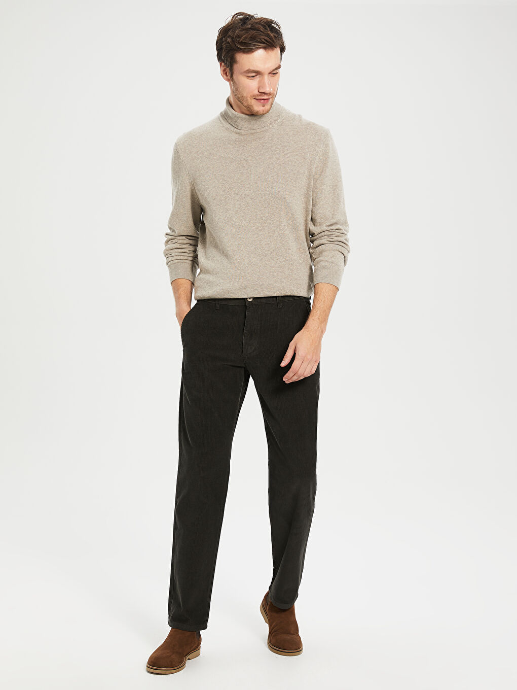 Haki Standart Kalıp Kadife Erkek Pantolon-1