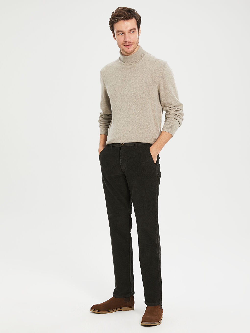 Haki Standart Kalıp Kadife Erkek Pantolon-2