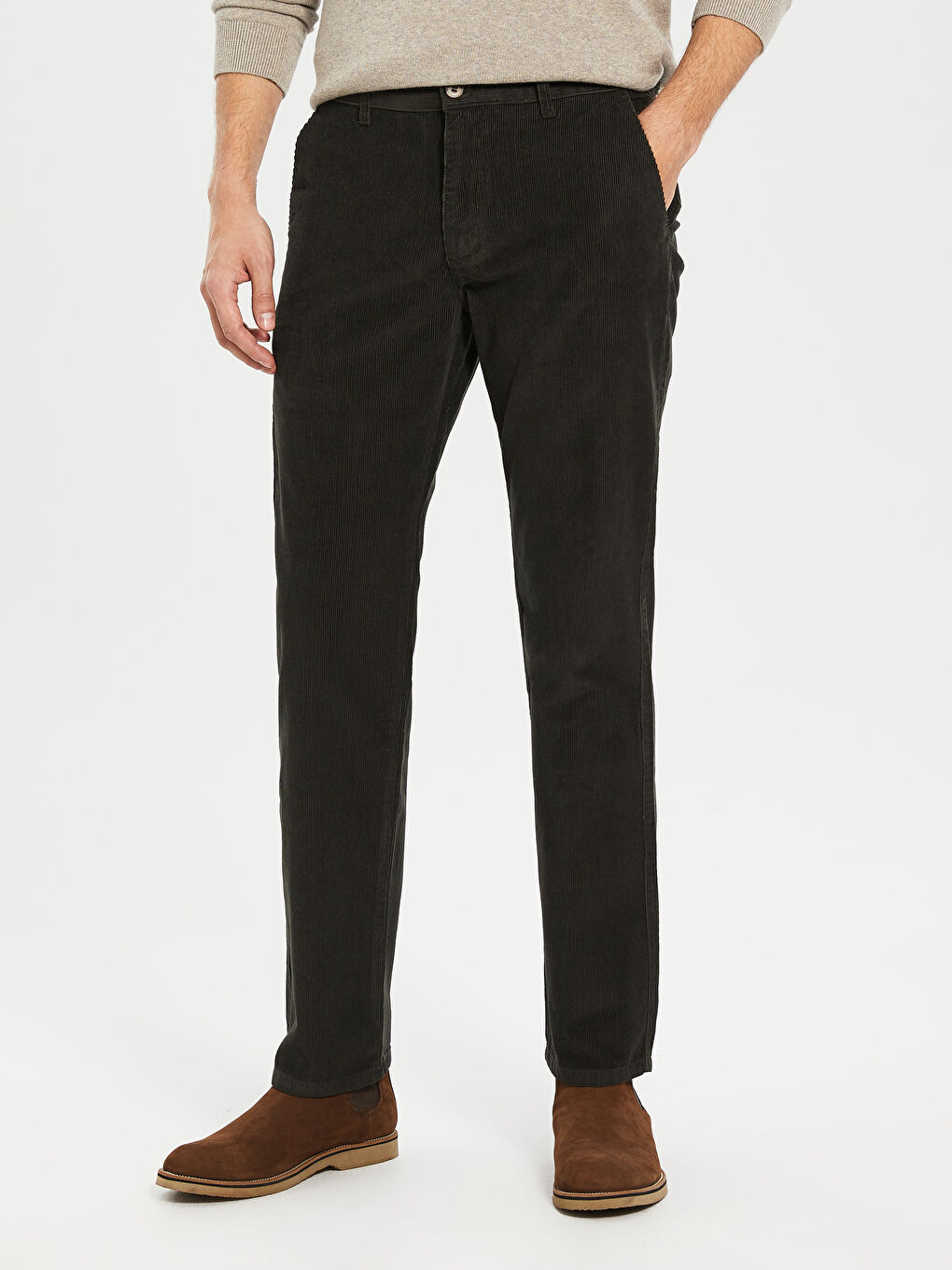Haki Standart Kalıp Kadife Erkek Pantolon-3