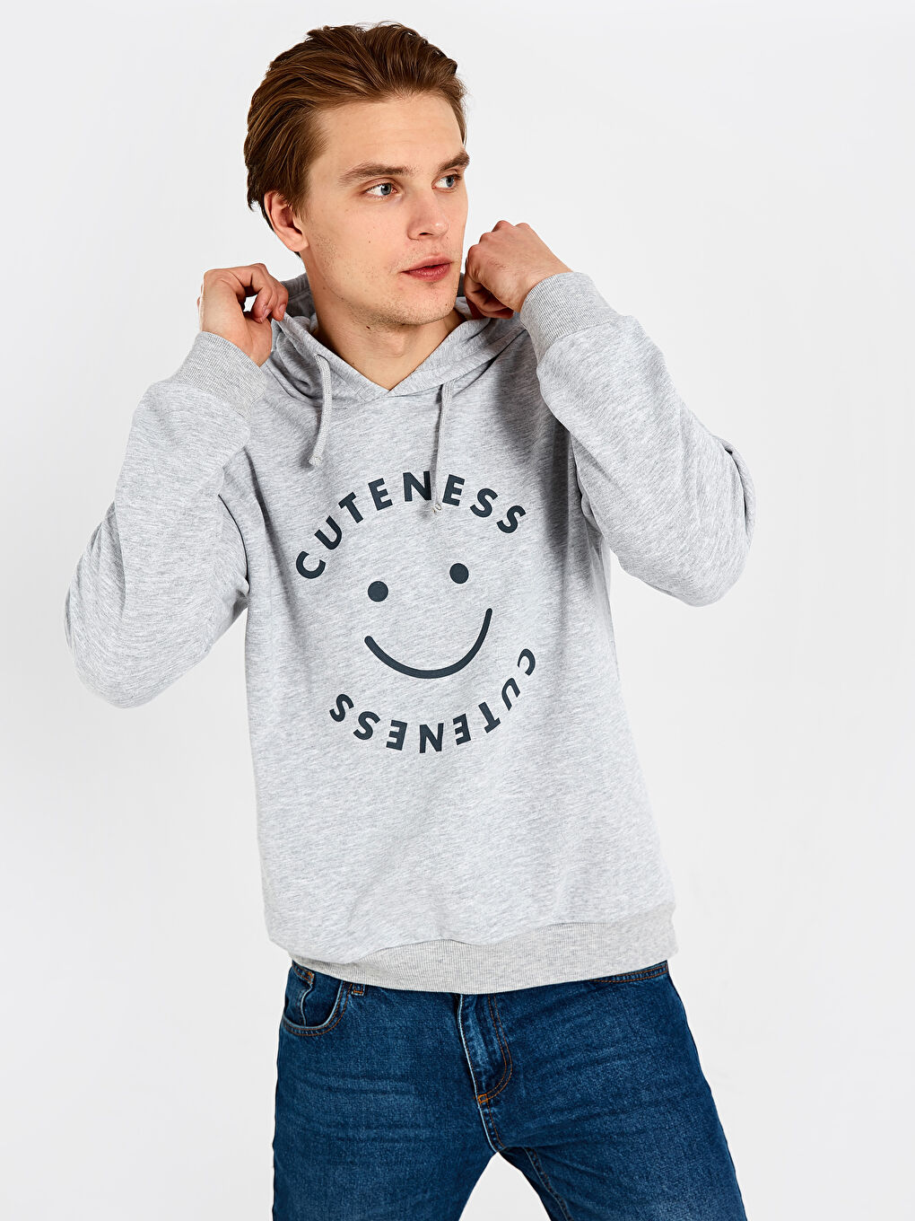 Gri Uzun Kollu Baskılı Erkek Hoodie-1