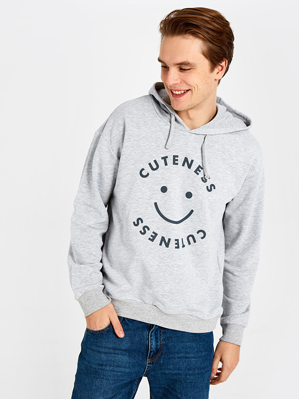 Gri Uzun Kollu Baskılı Erkek Hoodie-2