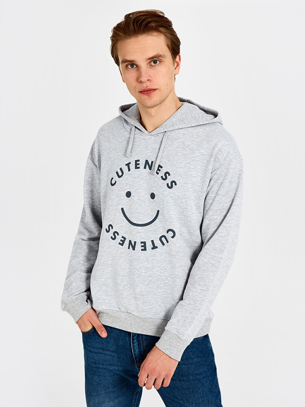 Gri Uzun Kollu Baskılı Erkek Hoodie-4