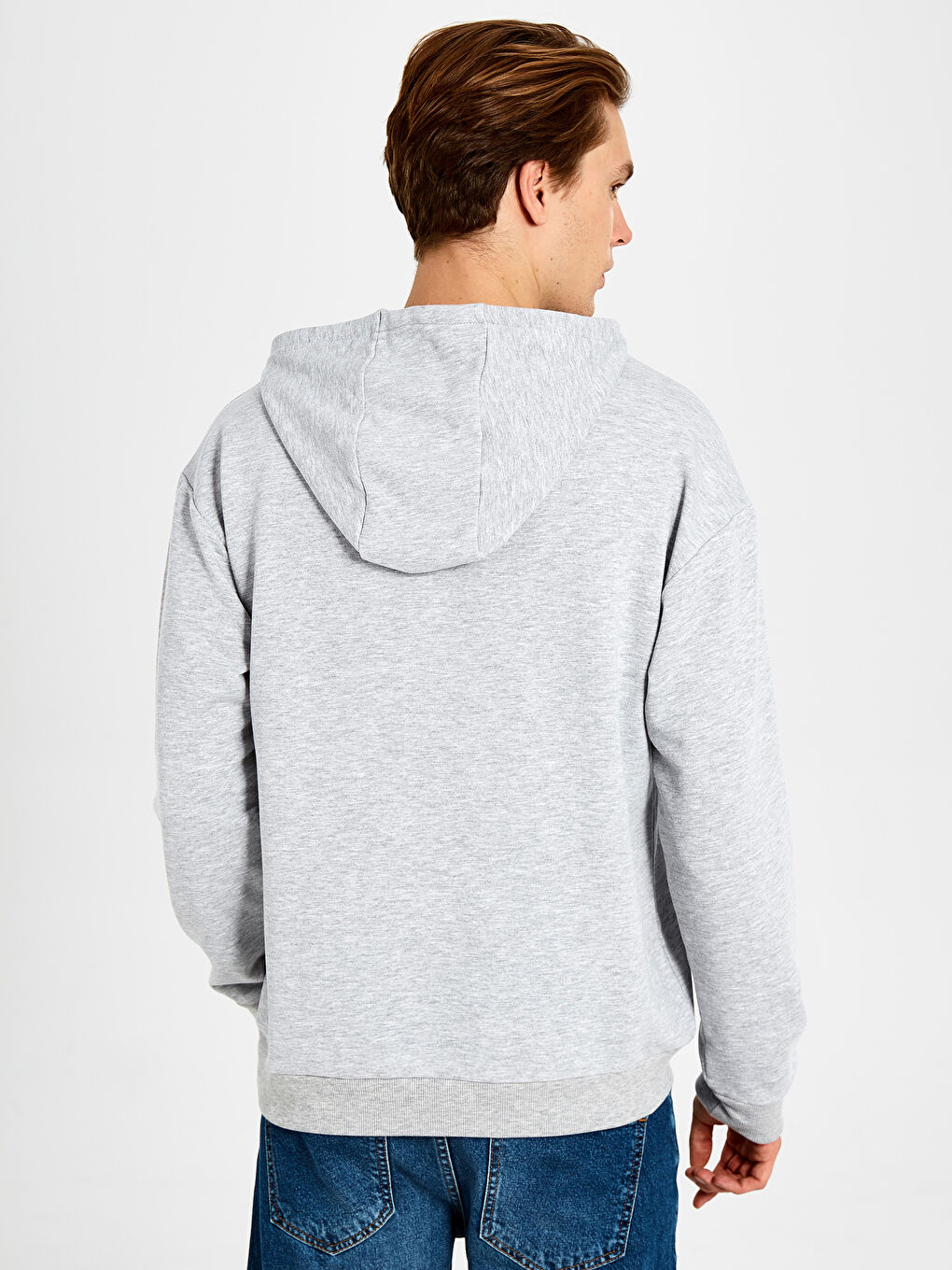 Gri Uzun Kollu Baskılı Erkek Hoodie-3